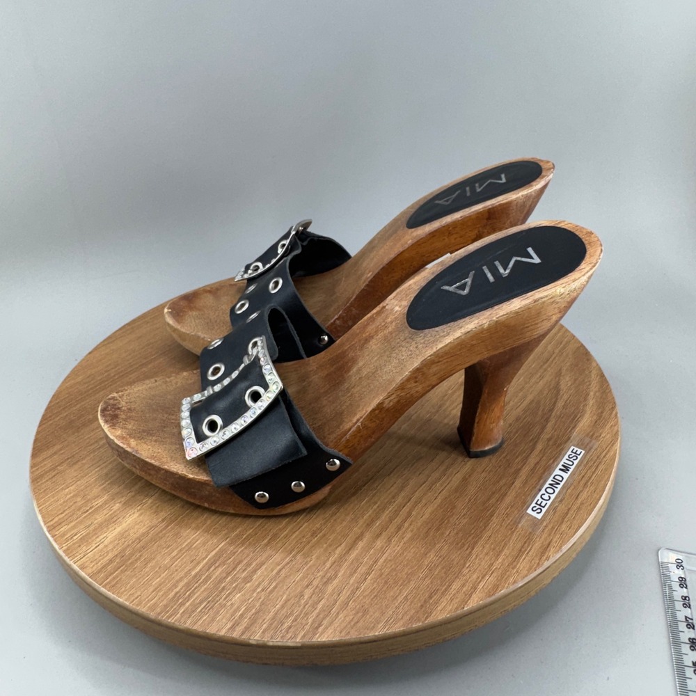 MIA Wooden Platform Clog Sandals 7 Black Bling Rhinestone Buckle Y2K Retro Heels - Picture 3 of 10